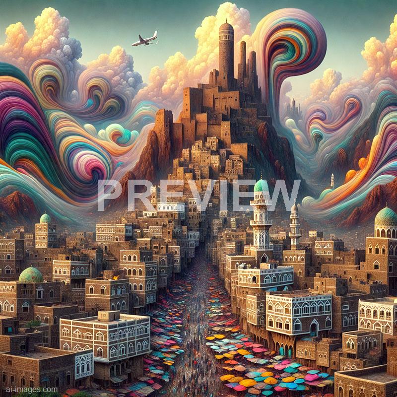 The image depicts a fantastical cityscape with a dense cluster of buildings featuring intricate architecture, including domed roofs and minarets, reminiscent of Middle Eastern design. The city extends up a steep, rocky hill that leads to a towering, castle-like structure at the summit. Above, the sky is filled with colorful, swirling clouds and an airplane flying in the distance, all rendered in a surreal, vibrant style with lively, rainbow-like patterns blending into the clouds and swirling around the city.